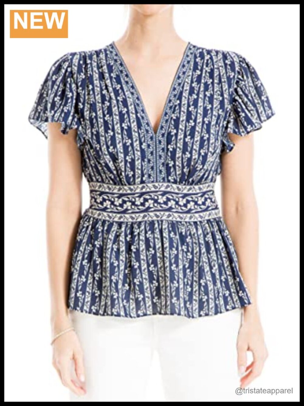 Floral V-Neck Flutter Sleeve Peplum Blouse - Smocked Waist